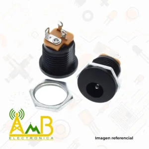 Jack DC-022 hembra 5.5x2.1mm con cuerpo negro roscado, tuerca hexagonal metálica y 3 terminales de soldadura