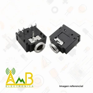 Conector jack de audio hembra 3.5mm para PCB, con cuerpo negro y anillo metálico