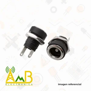 Jack DC hembra 5.5x2.1mm para chasis con cuerpo negro, tuerca metálica y terminales de soldadura